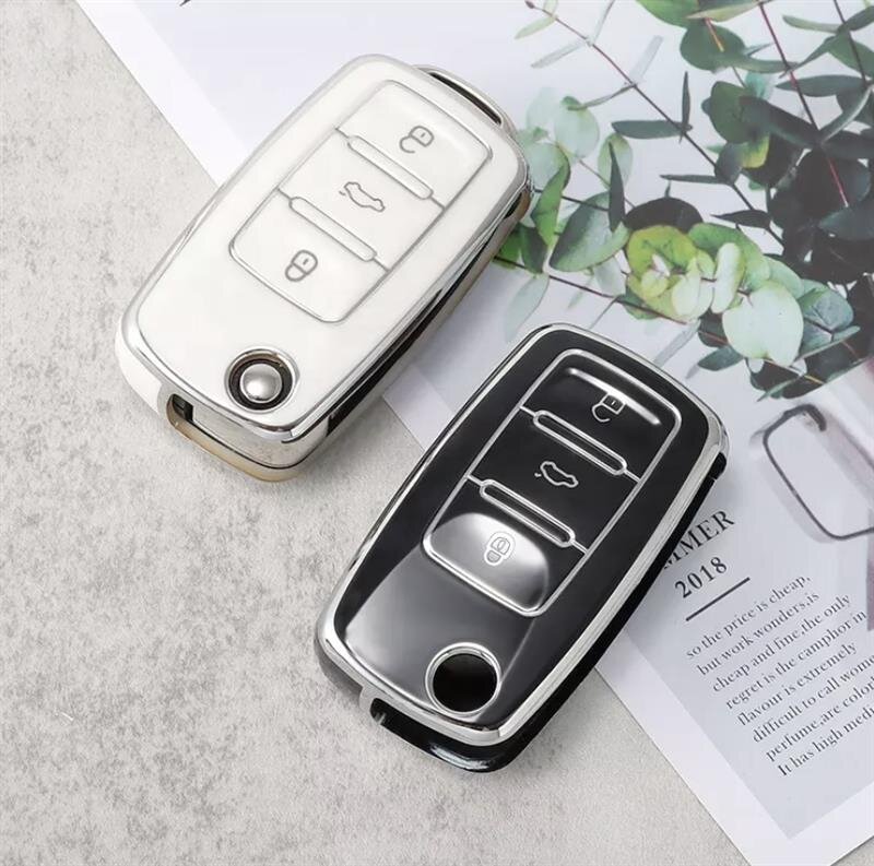RXXR Autoschlüssel Hülle für VW, VW Golf 7 Schlüsselhülle, Schlüsselbox  Cover für VW Polo, Skoda, Tiguan, MK7 3-Tasten,（Silber）