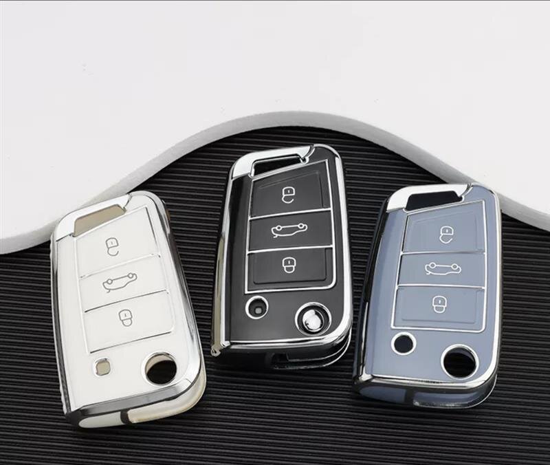 CarBole Autoschlüssel Hülle für VW Schlüsselhülle Hülle Autoschlüssel  Gehäuse der Fernbedienung mit Schlüsselanhänger für VW Polo, Skoda, Tiguan,  MK7 3-Tasten（Silberes Leder） : : Elektronik & Foto